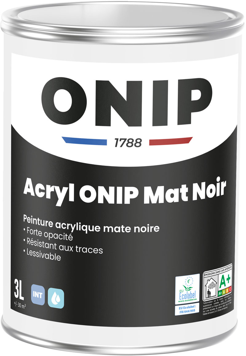 Acryl ONIP Mat Noir (3L) : peinture murs et plafonds mate noir profond, lessivable et non lustrable. Excellent rendu