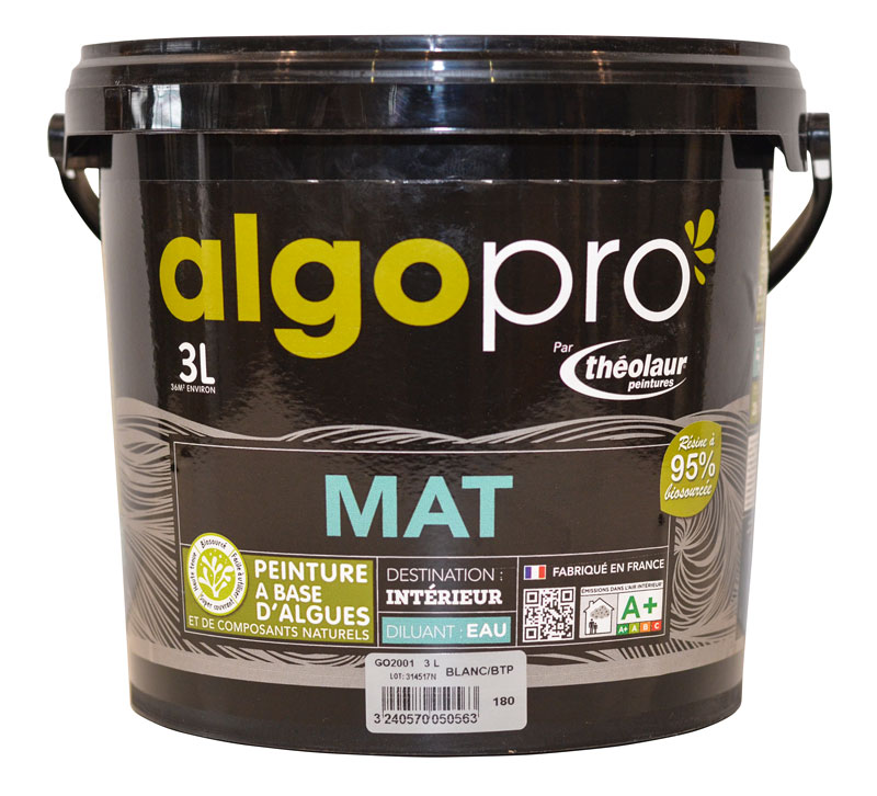 Peinture naturelle bio-sourcée à base d’huile végétale et d’algues pour murs et plafonds : Algo Pro mat (3L)