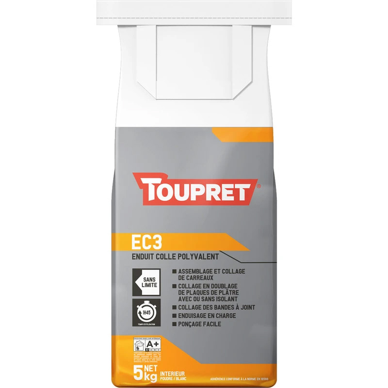 Enduit colle polyvalent pour coller et enduire en charge TOUPRET EC3 (5kg) - Pour plaque de plâtre, carreaux, bandes à joint....