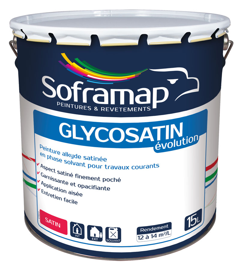Peinture satinée garnissante glycero, intérieure et extérieure, idéale grandes surfaces et grands chantiers : Soframap Glycosatin Evolution 15L