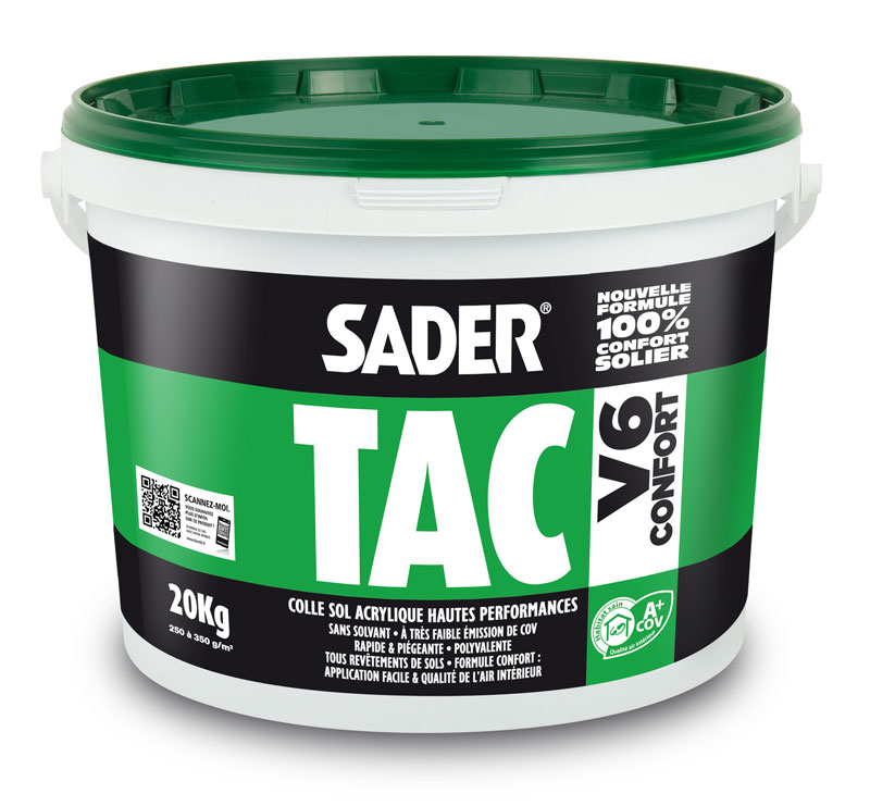 Sadertac V6 (6kg ou 20kg) : Colle acrylique haute performance sans solvant, à très faibles émissions de COV pour revêtements sols et murs