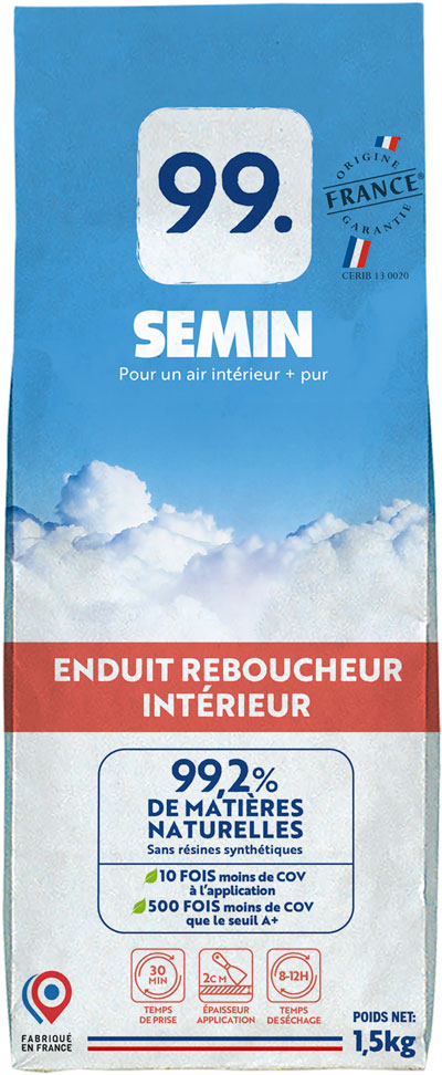 Semin 99 Enduit Reboucheur Intérieur (1,5kg ou 5kg) : Plus de 99% de matières premières d'origine naturelle pour un air intérieur plus pur
