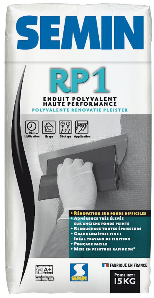Enduit polyvalent intérieur haute performance Semin RP1 (12kg ou 15kg) : adhérence très élevée, mise en peinture rapide, permet tous travaux