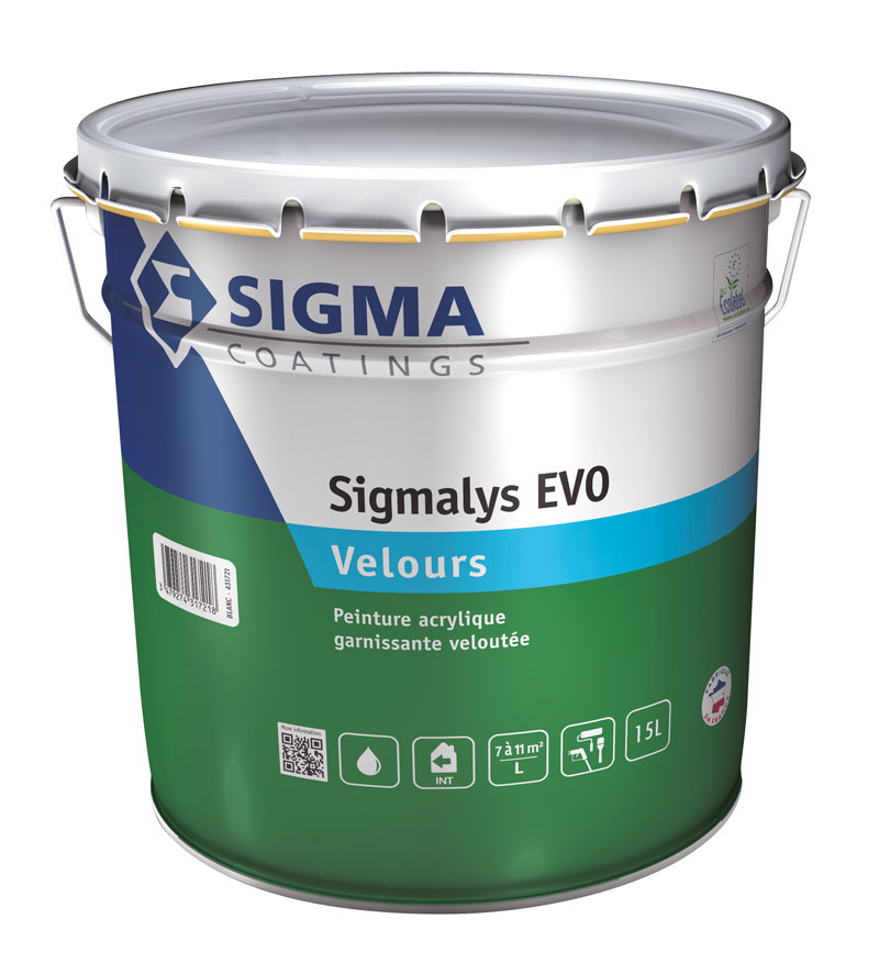 Peinture acrylique garnissante veloutée Ecolabel Européen Sigmalys EVO Velours (15L) : pour les murs et plafonds des pièces sèches et humides