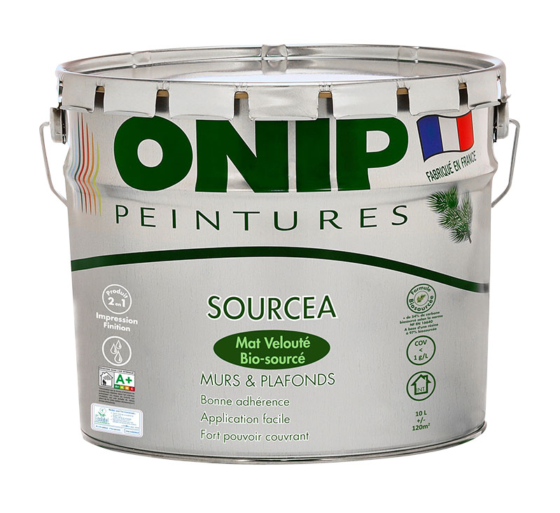 ONIP Sourcéa (10L) : peinture 2 en 1 (sous-couche et finition) murs et plafonds, mate veloutée, à base de résine alkyde en émulsion biosourcée à 97%