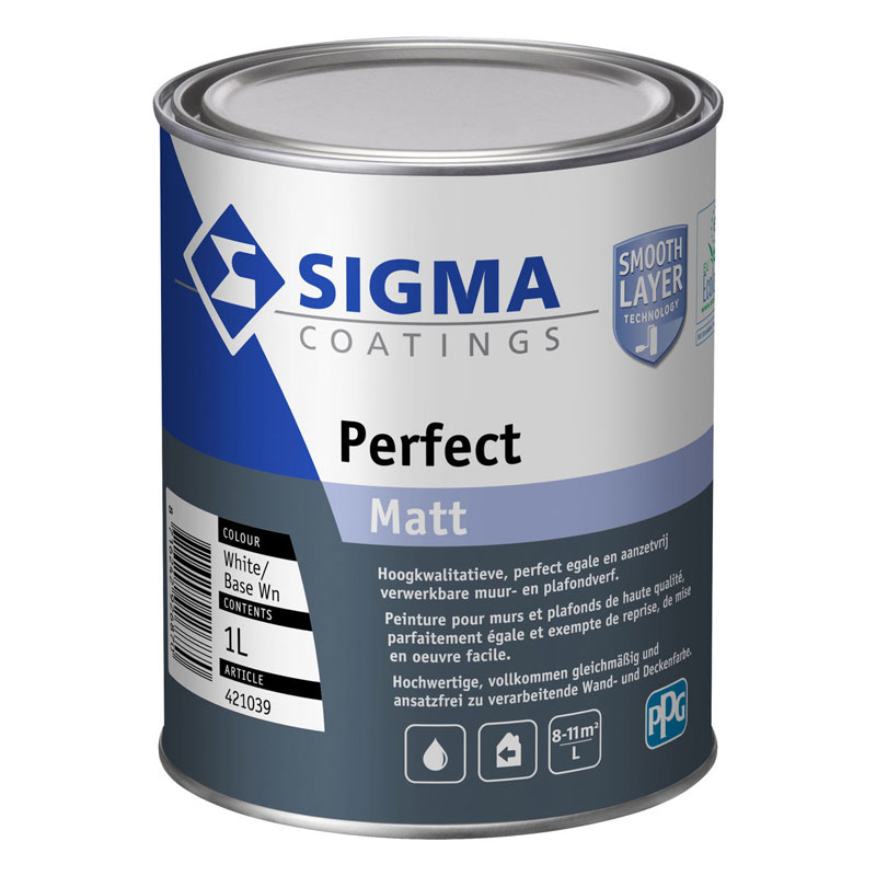 Peinture mate de haute qualité pour murs et plafonds Sigma Perfect Matt : 2 en 1 sous-couche et finition, non lustrable, sans trace de reprise