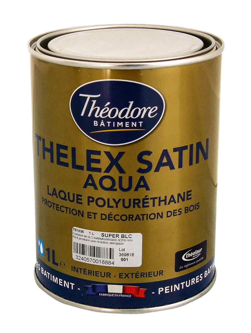 Peinture laque acrylique polyuréthane satinée haut de gamme pour bois, boiseries, meubles et murs : Thelex satin aqua (1L)