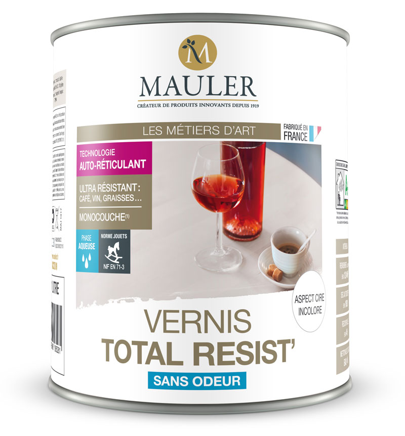 Vernis Mauler Total Resist aspect cire incolore : spécialement formulé pour apporter une résistance totale et durable aux taches de café, vin, alcool, eau et graisse