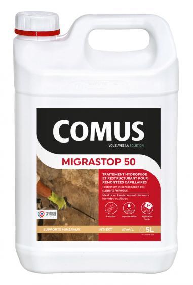 Comus Migrastop 50 : Traitement hydrofuge, reminéralisant restructurant pour les remontées capillaires, l'assèchement des murs humides et plâtres