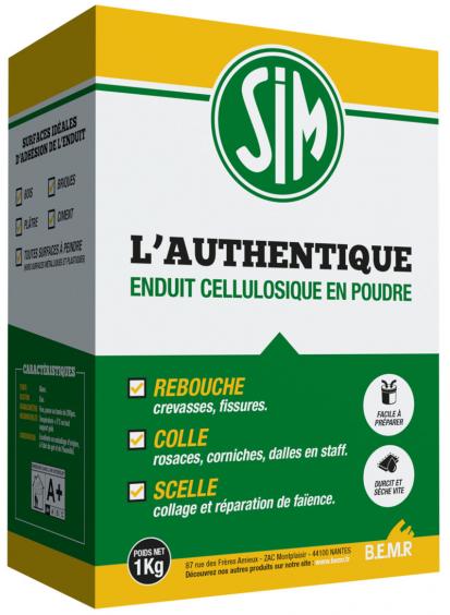 Enduit cellulosique en poudre grande adhérence qui rebouche, colle et scelle : SIM enduit L'Authentique (boite 1kg)