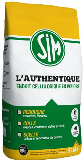 Enduit cellulosique en poudre grande adhérence qui rebouche, colle et scelle : SIM enduit L'Authentique (sac 5kg)
