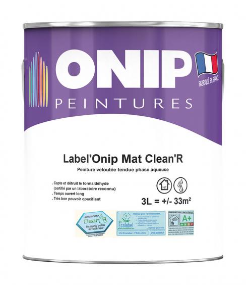 Label'Onip Mat Clean R (3L) : peinture acrylique mate haut de gamme mur et plafond. Assainit l'air intérieur en détruisant le formaldéhyde