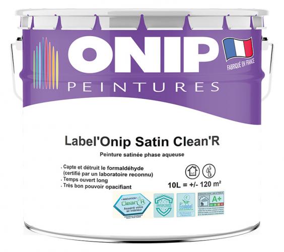 Label'Onip Satin Clean R (10L) : peinture acrylique mate haut de gamme mur et plafond. Assainit l'air intérieur en détruisant le formaldéhyde