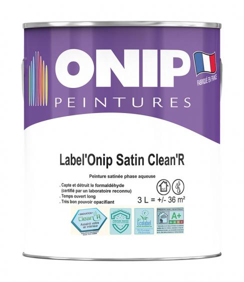 Label'Onip Satin Clean R (3L) : peinture acrylique mate haut de gamme mur et plafond. Assainit l'air intérieur en détruisant le formaldéhyde