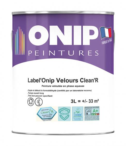 Label'Onip Velours Clean R (3L) : peinture acrylique mate haut de gamme mur et plafond. Assainit l'air intérieur en détruisant le formaldéhyde