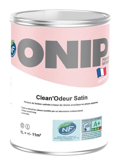 ONIP Clean'Odeur satin (1L) : peinture acrylique mate murs et plafonds. Capte et détruit les odeurs désagréables. Pour finitions soignées