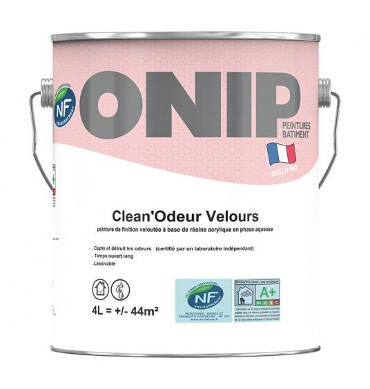 ONIP Clean'Odeur velours (4L) : peinture acrylique mate murs et plafonds. Capte et détruit les odeurs désagréables. Pour finitions soignées