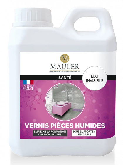 Vernis Pièces Humides Mauler (1L) : mat incolore et lessivable, il protège toutes les surfaces et empêche la formation des moisissures
